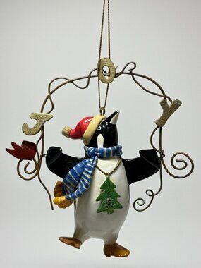 Vintage Penguin Glass Christmas Ornament Joy Wreath